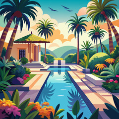  Tropical Resort Poolside Landscape – Summer Vector