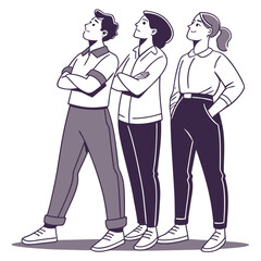 Three people looking up with arms crossed standing group