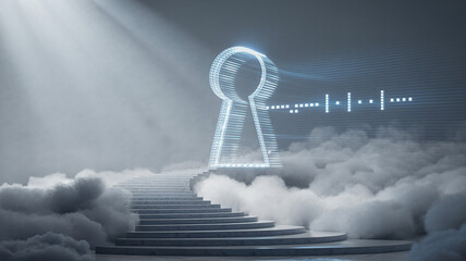 Stairway to Unlocking Potential: An ethereal staircase rises through fluffy clouds, leading to a radiant keyhole symbol, while morse code floats above, suggesting hidden messages and paths to success.