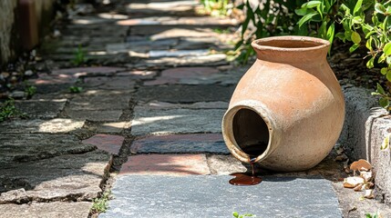 Rustic Pot with Brown Liquid on Stone Pathway Surrounded by Greenery