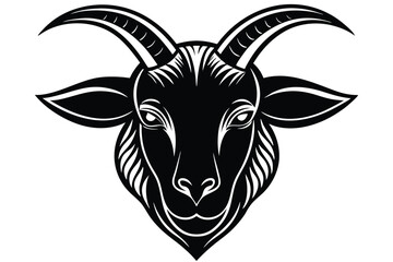 Confident goat head stares intently forward with detailed horns and defined facial features