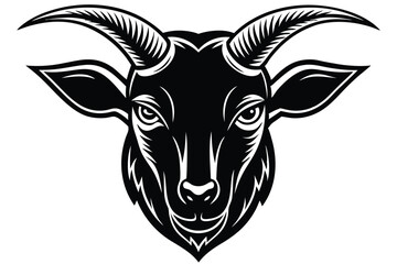 Frontal portrayal of an orange goat face with curved horns against a clear backdrop