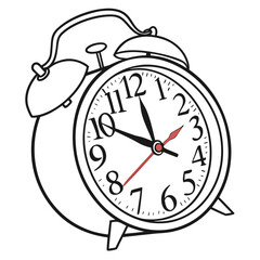 Vintage alarm clock with black outline and red accents retro time