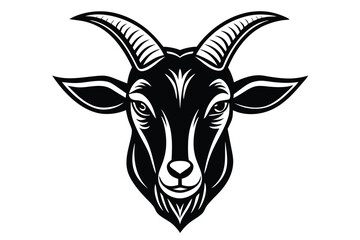 Naklejka premium goat head shows a serious expression with amber eyes and strong horns