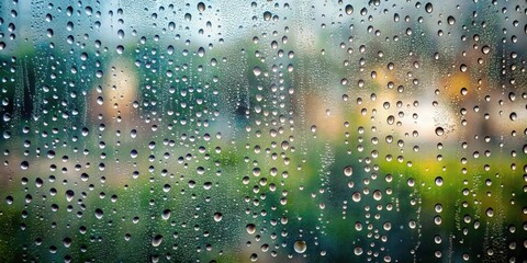 Glass window with misty atmosphere and tiny droplets of water falling on the surface