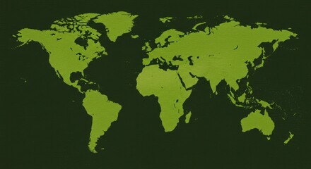Simple world map, light olive green continents on dark olive green background