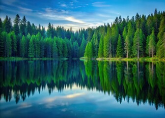 Obraz premium Serene pine forest at dusk with a calm lake reflecting trees in shades of green and blue