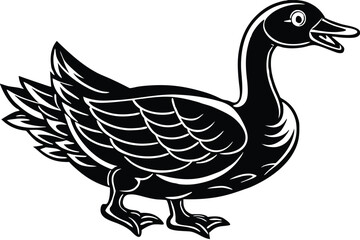 Outlined drawing shows a graceful cartoon goose standing peacefully on a white background