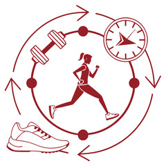 Woman running with dumbbell clock and shoe in circular motion running woman circular arrows