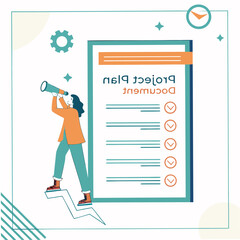 Woman with telescope observing project plan document checklist