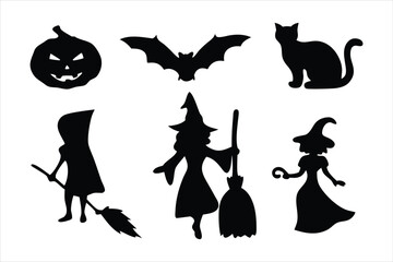 Witch Flying on Broomstick Silhouette - Halloween Bats Vector