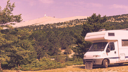 Obraz premium Caravan in mountains. Mont Ventoux in the distance. Provance