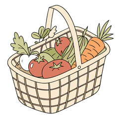 Woven basket filled with fresh vegetables and greens produce