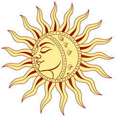 Yellow sun face with red rays and crescent moons vector