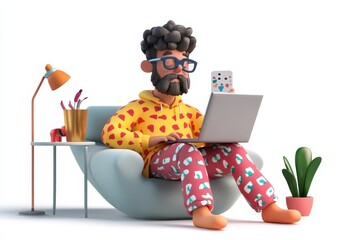 Freelancer working in pajamas 3d render cartoon character on white background