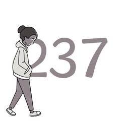 Young person walking with large numbers grey white
