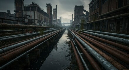 Abandoned industrial complex with rusty pipes and a canal