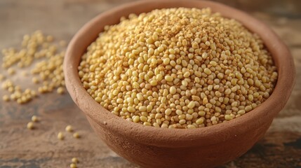 Bowl of Yellow Millet Seeds on Rustic Wooden Table Background
