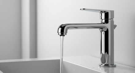 Modern chrome faucet with flowing water