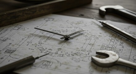 Detailed technical drawing with clock hands and tools symbolizing the timeline of engineering