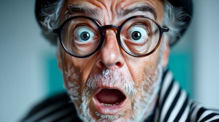 Man with glasses and a black hat is looking surprised. The image has a mood of surprise and curiosity