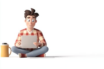 Freelancer working in pajamas 3d render cartoon character on white background