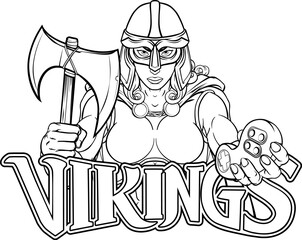 A female Viking, Trojan Spartan or Celtic warrior woman gladiator knight gamer mascot with video games controller