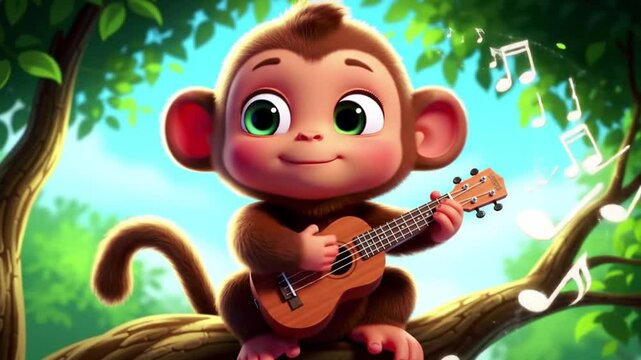 A cartoon monkey serenades with a ukulele while perched on a tree branch.