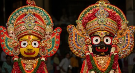 Fototapeta premium Ornate masks of deities in vibrant costumes