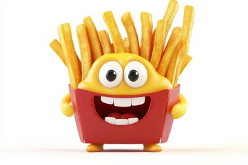 French Fries isolated in 3d cartoon character on white background