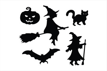 Witch Flying on Broomstick Silhouette - Halloween Bats Vector