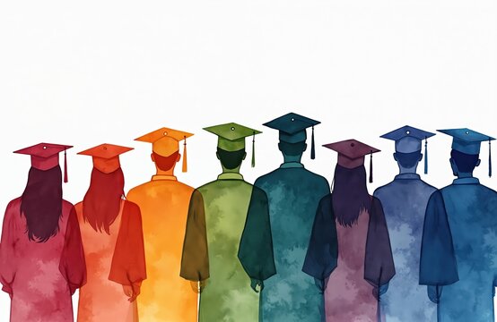 Diverse group of students in watercolor silhouettes wearing graduation gowns and caps. Celebrating academic achievement, success, and education. Colorful abstract line art on white background.