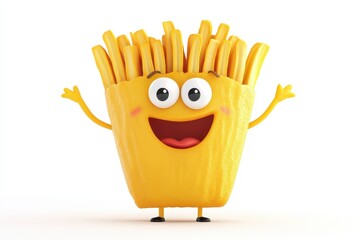 French Fries isolated in 3d cartoon character on white background