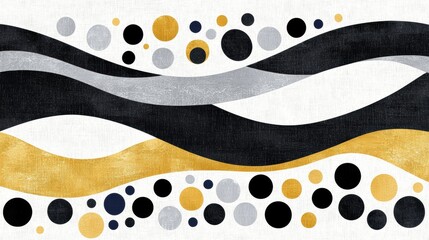 Obraz premium A modern abstract art piece featuring black, white, and gold colors in a wave-like pattern.