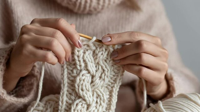 Close-up of woman's hands knitting with golden needles and soft cream yarn in a cozy, warm setting. Hobby and relaxation concept.