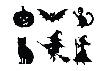 Witch Flying on Broomstick Silhouette - Halloween Bats Vector
