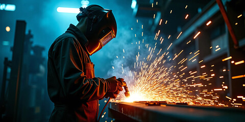 Close-up of industrial welder at work creating bright electric sparks while fusing metal in a modern fabrication workshop with protective gear, cinematic lighting, and intense manual precision