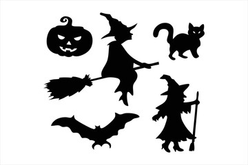 Witch Flying on Broomstick Silhouette - Halloween Bats Vector