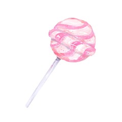 Pink Round Lollipop On Stick Watercolor Candy Clipart Sweet Sugar Dessert Illustration Hand Painted Snack Food Chupa Chups Art Isolated On White Background For Design And Decoration