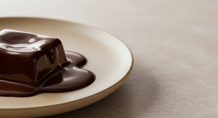 World Chocolate Day in the form of melted chocolate on a neutral cream-colored plate, with soft natural lighting