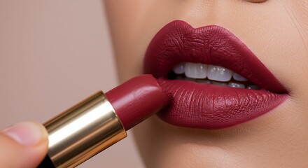 Obraz premium Closeup of Deep Red Lipstick Application Showing Texture Shine and Cosmetic Precision