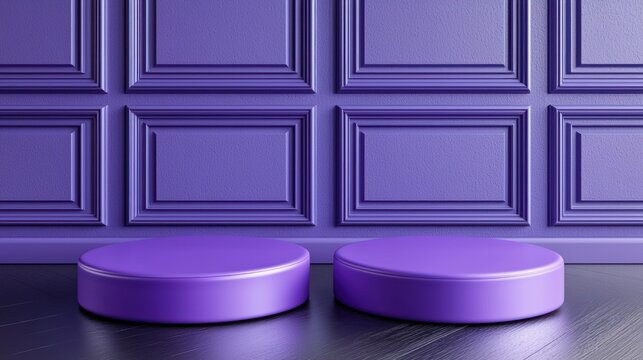 Two purple circular podiums on dark wooden floor against a purple paneled wall - Powered by Adobe