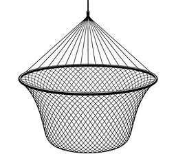Obraz premium A black and white illustration of a circular fish trap net with a diamond-shaped mesh pattern isolated on a transparent background.