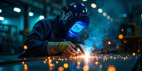 Close-up of industrial welder at work creating bright electric sparks while fusing metal in a modern fabrication workshop with protective gear, cinematic lighting, and intense manual precision