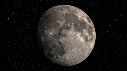 A large, gray moon with craters and valleys in its surface.