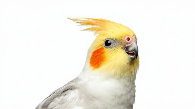 Cockatiel Portrait on White Background: Close-up Profile of Exotic Bird with Yellow Crest, Orange Cheeks and Grey Plumage; Elegant and Playful,