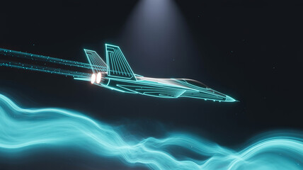 High-Tech Warfare: A sleek fighter jet streaks across a darkened sky, emitting a vibrant plume. This digital creation showcases advanced air technology and strategic military power.
