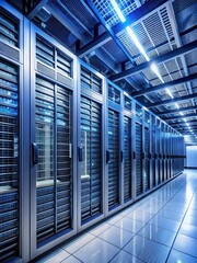 server room with rows of blade servers and cooling systems