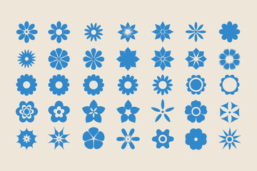 Set of simple flower icons. Collection of blue geometric floral symbols. Minimalist flat vector design elements for nature or spring themes.