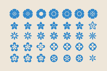 Set of simple flower icons. Collection of blue geometric floral symbols. Minimalist flat vector design elements for nature or spring themes.